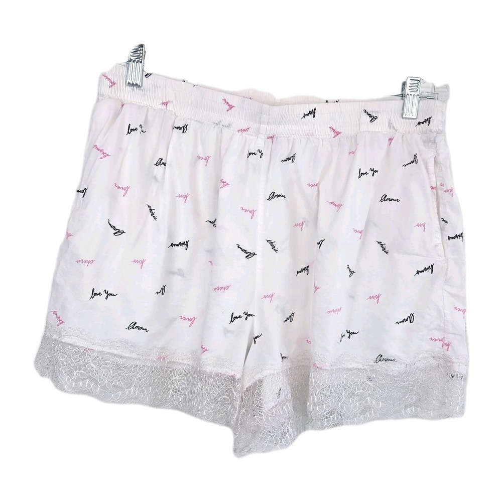 Victoria's Secret White Love Print Sleep Shorts Size L Lace Trim Pockets